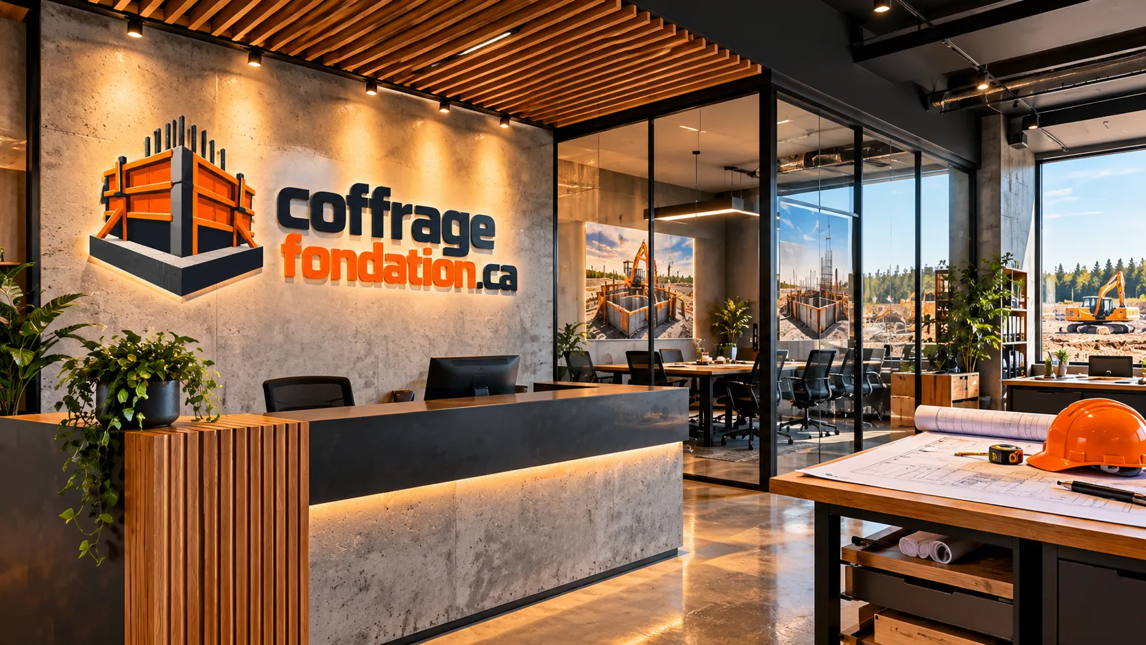 Accueil d'une entreprise de coffrage, mur de béton et plans de fondation sur une table de travail