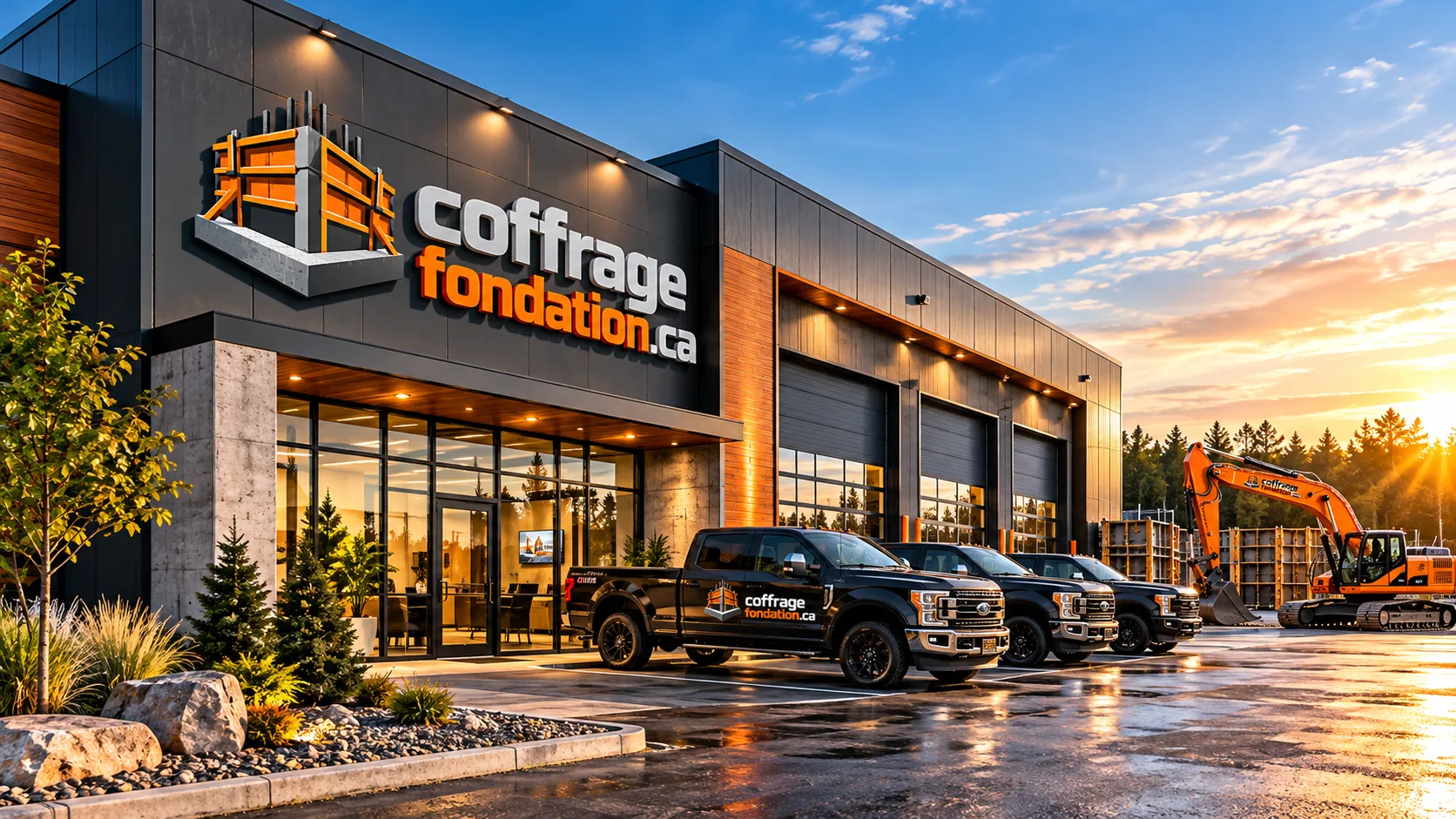 Façade d'un bâtiment commercial, camionnettes alignées et panneaux de coffrage empilés près d'une excavatrice
