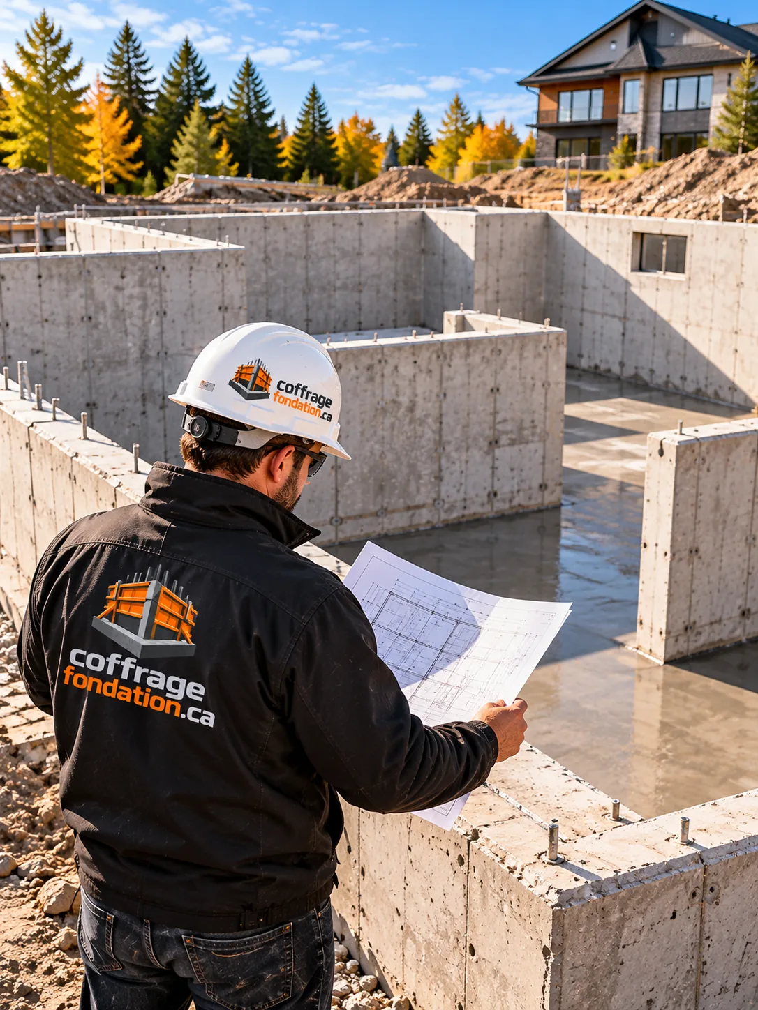 Chef de chantier qui consulte des plans devant des murs de fondation décoffrés